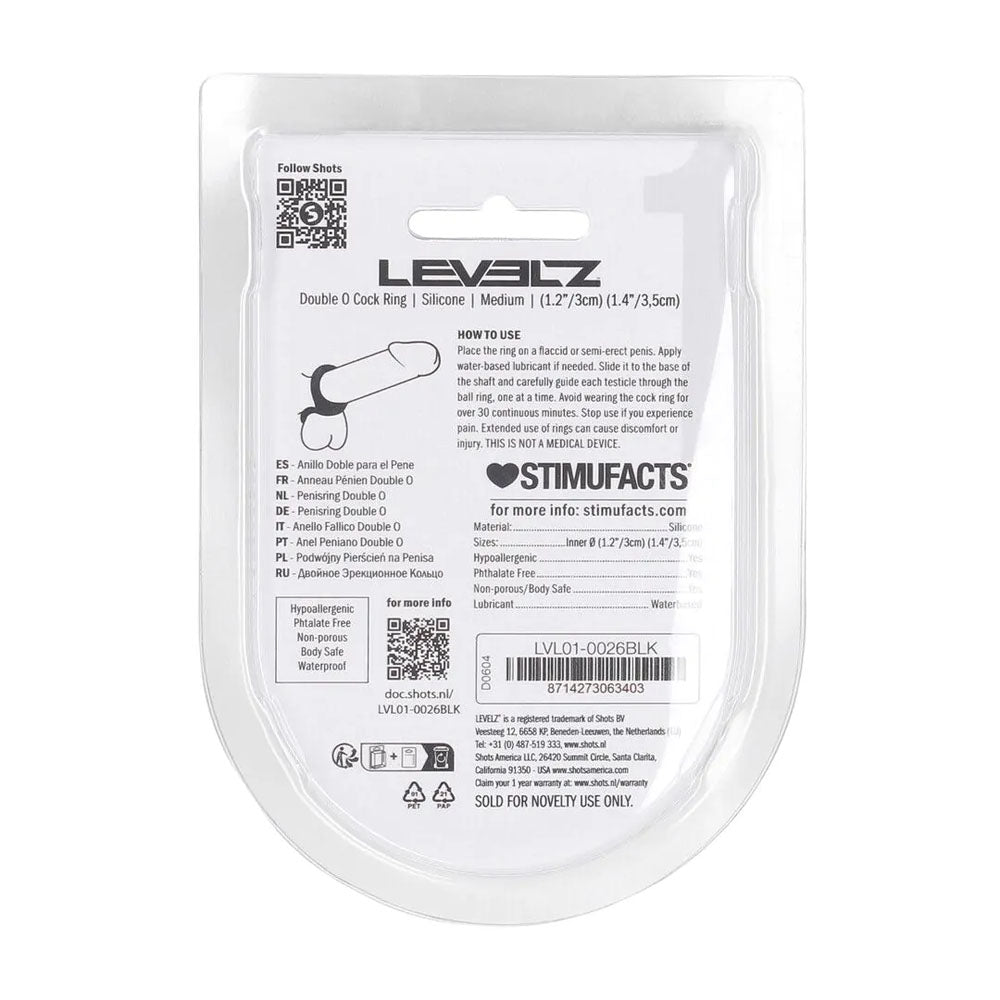 LEVELZ Double O Silicone Cock Ring - M -  -  Cock & Balls Rings packaging with product details and instructions.