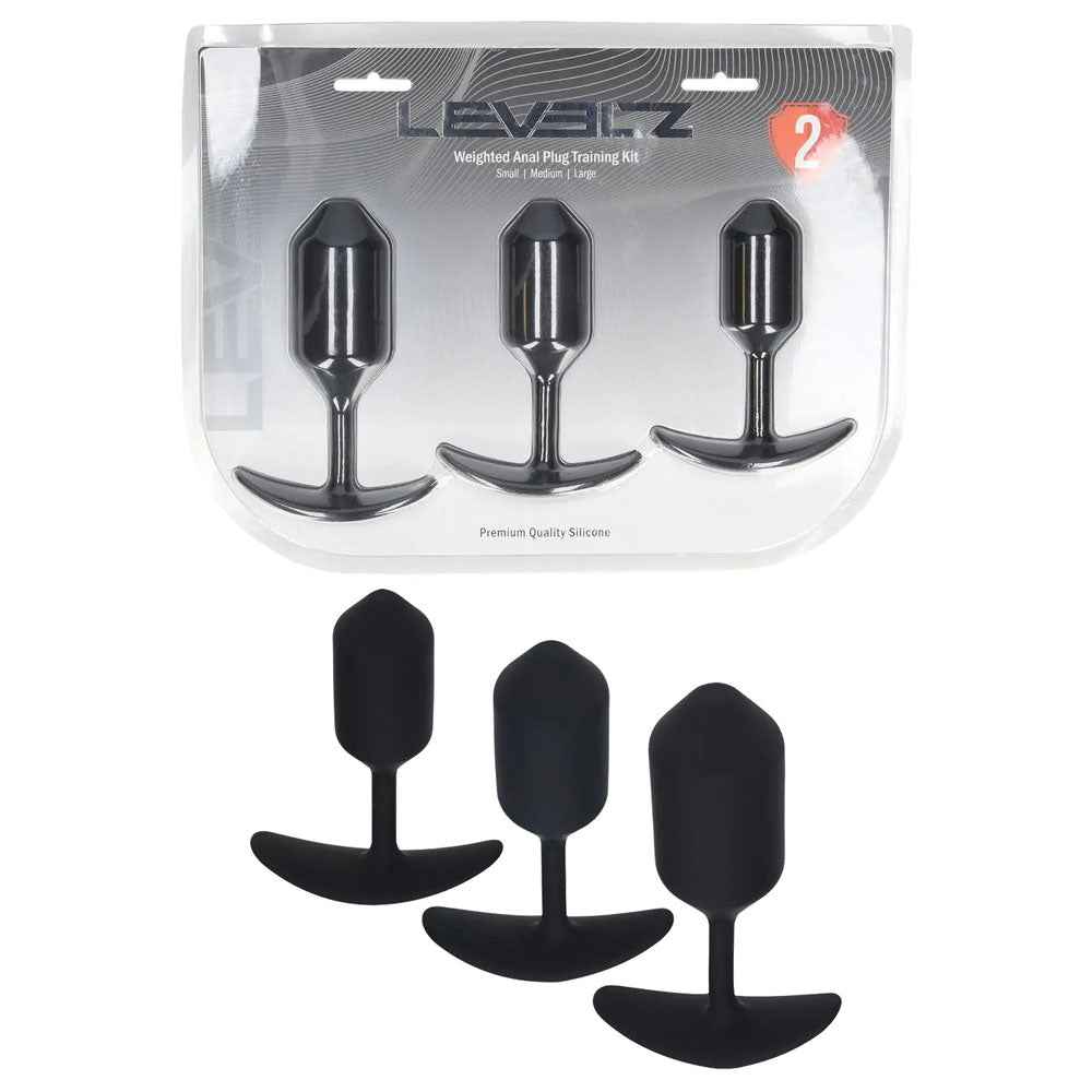 LEVELZ Silicone Weighted Anal Plug Training Set -  Weighted Butt Plugs - Set of 3 Sizes displayed on packaging and three plugs.