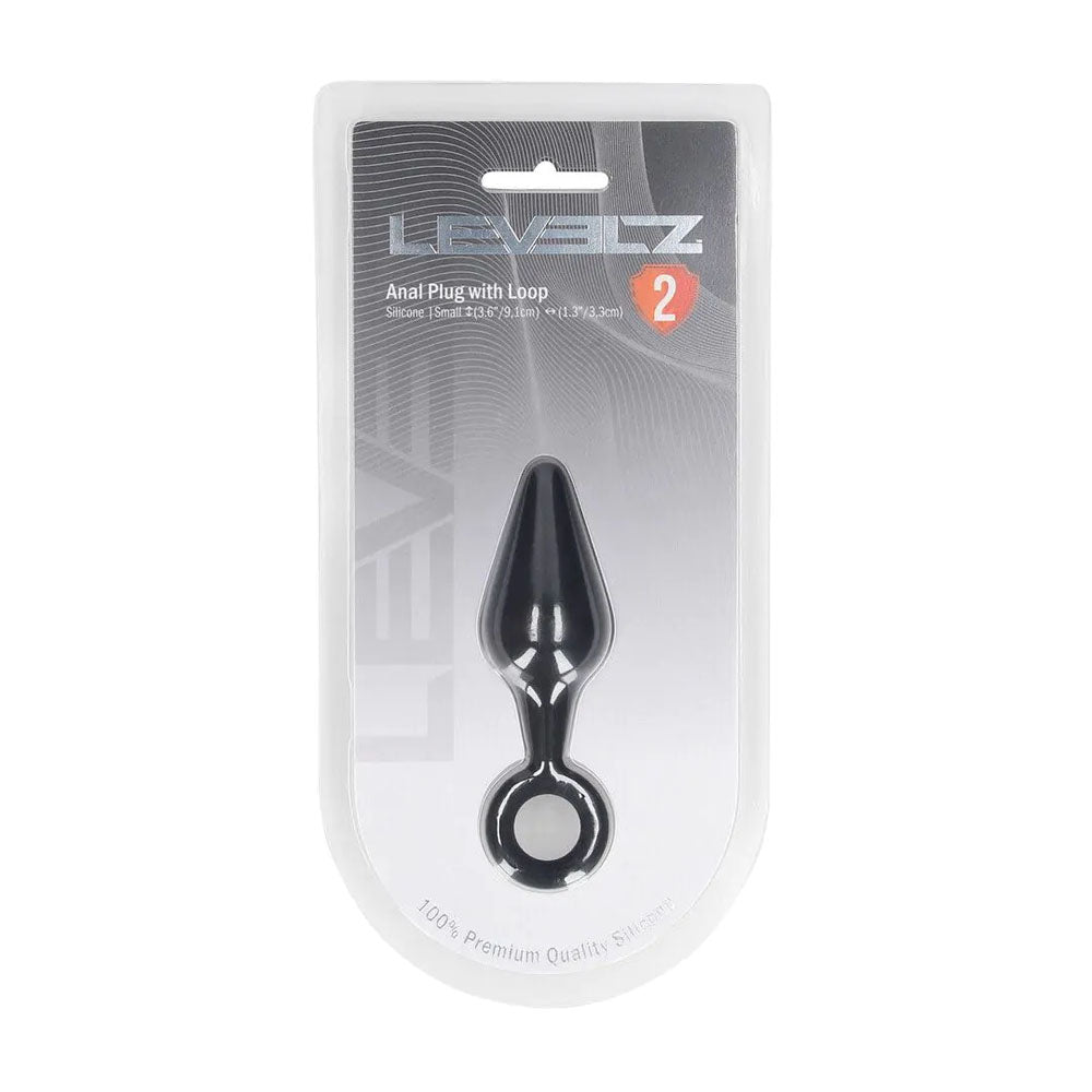 LEVELZ Silicone Anal Plug with Loop - Small -  -  Small Butt Plug packaging displayed on a shelf.