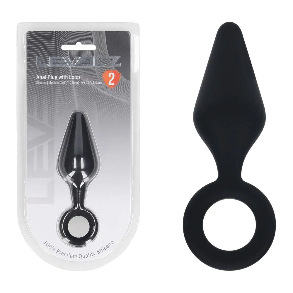 LEVELZ Silicone Anal Plug with Loop - Medium -  -  Medium Butt Plug in packaging with sleek black design and loop handle.