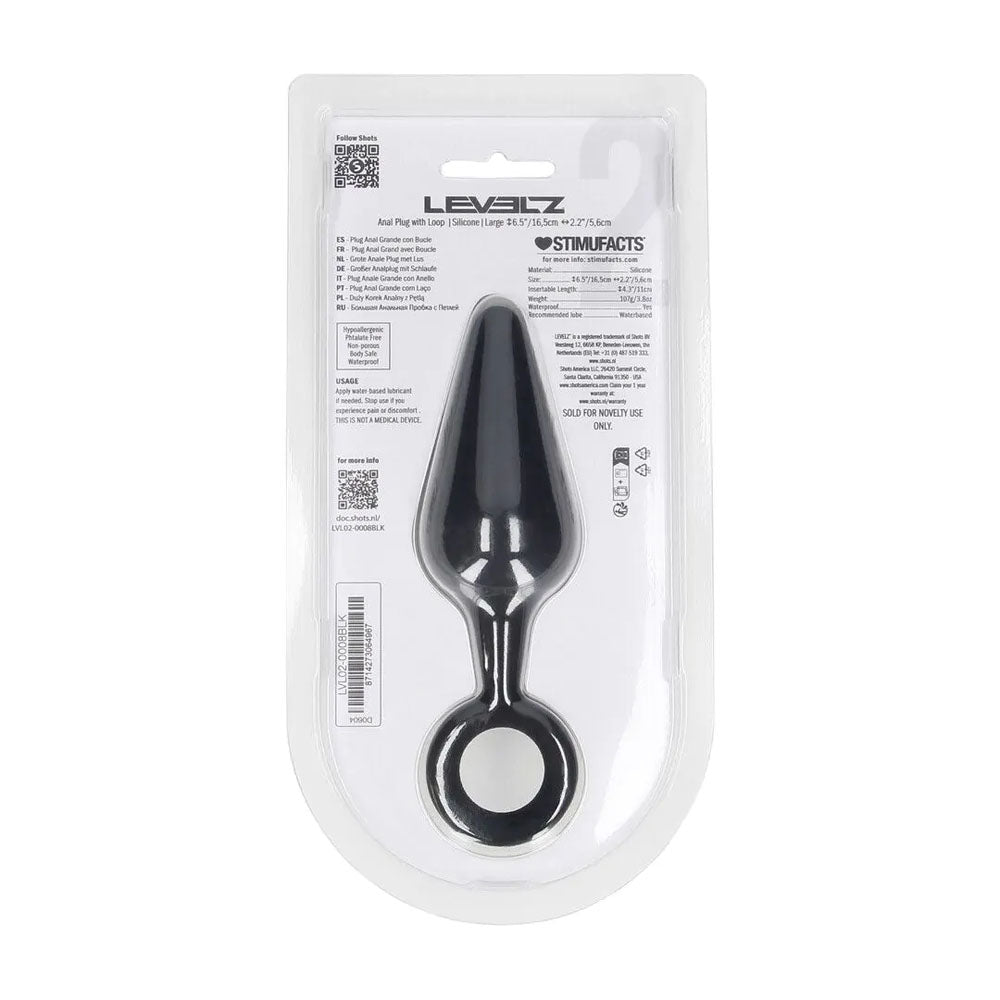 LEVELZ Silicone Anal Plug with Loop - Large -  Large Butt Plug in packaging, premium silicone, tapered design for stimulation.