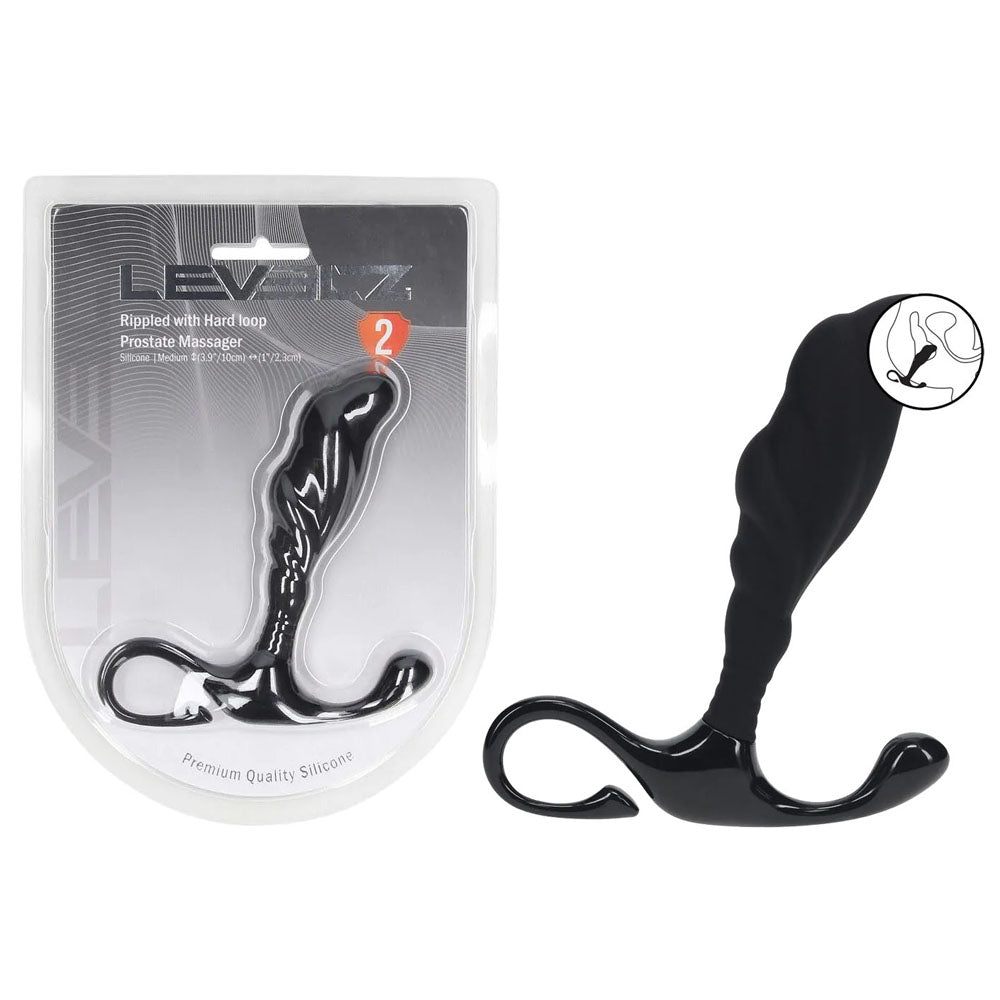 LEVELZ Rippled with Hard Loop Prostate Massager - Medium - Medium Prostate Massager in sleek black silicone packaging.