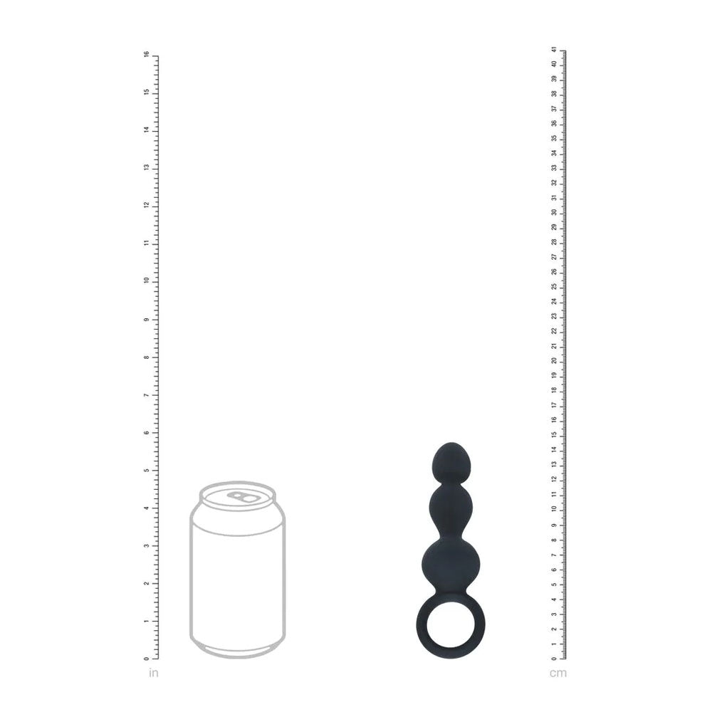 LEVELZ Beaded Silicone Anal Probe with Loop next to a standard can for size reference.