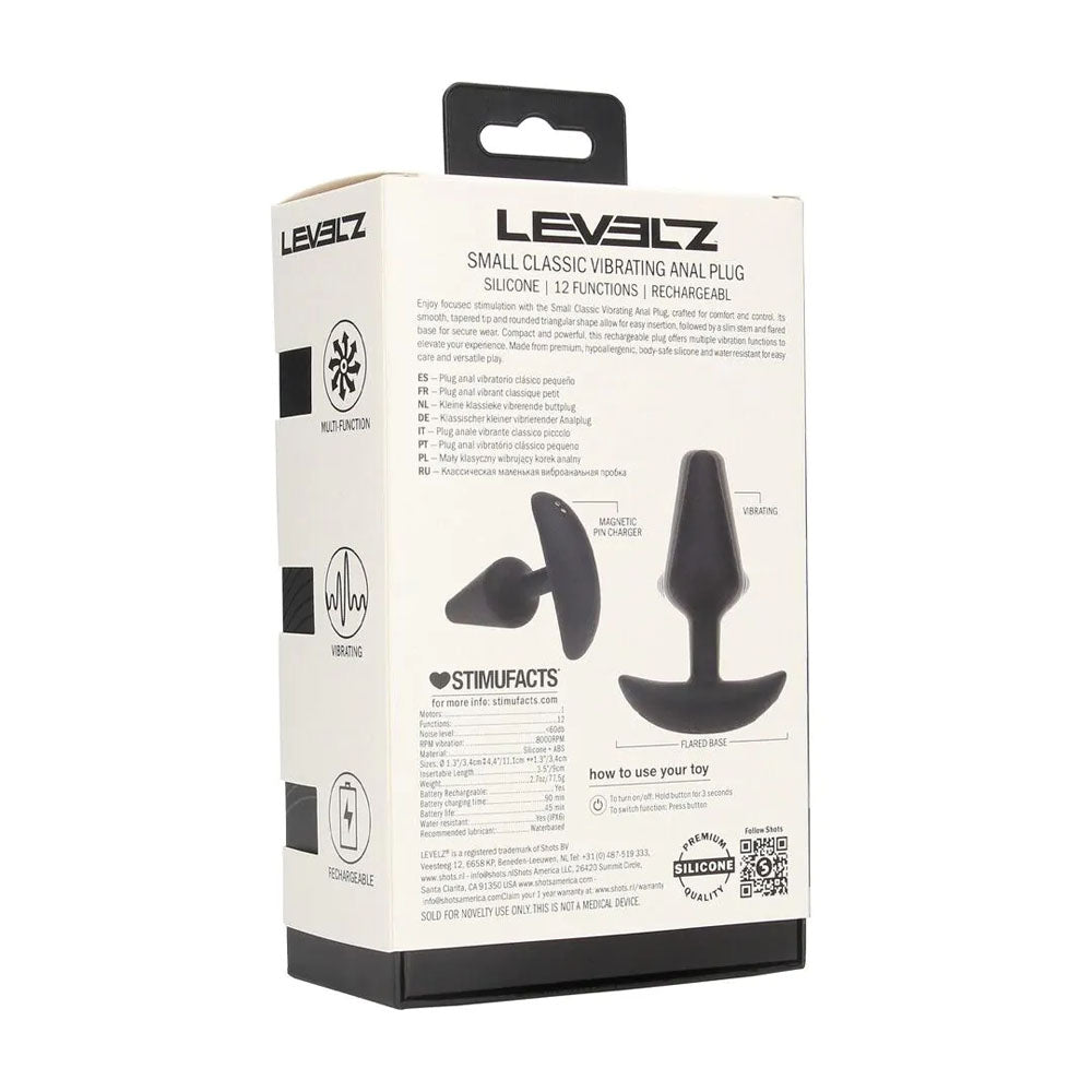 LEVELZ Classic Vibrating Silicone Anal Plug - Small -  Small USB Rechargeable Butt Plug packaging with user instructions.