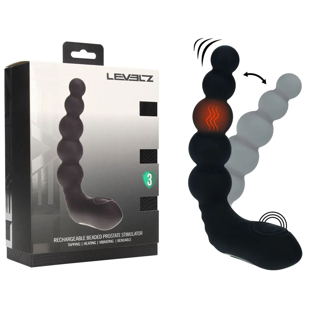 LEVELZ Rechargeable Beaded Prostate Massager -  USB Rechargeable Heating + Vibrating Prostate Massager packaging and product image.