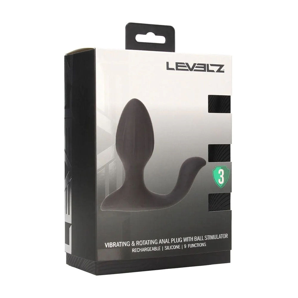 LEVELZ Vibrating & Rotating Anal Plug with Ball Stimulator - 10.7 cm USB Rechargeable Vibrating Butt Plug packaging image.