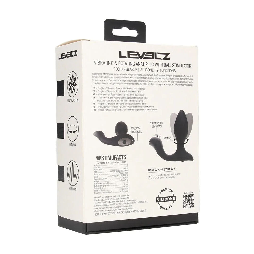 LEVELZ Vibrating & Rotating Anal Plug with Ball Stimulator - 10.7 cm USB Rechargeable Vibrating Butt Plug packaging details.