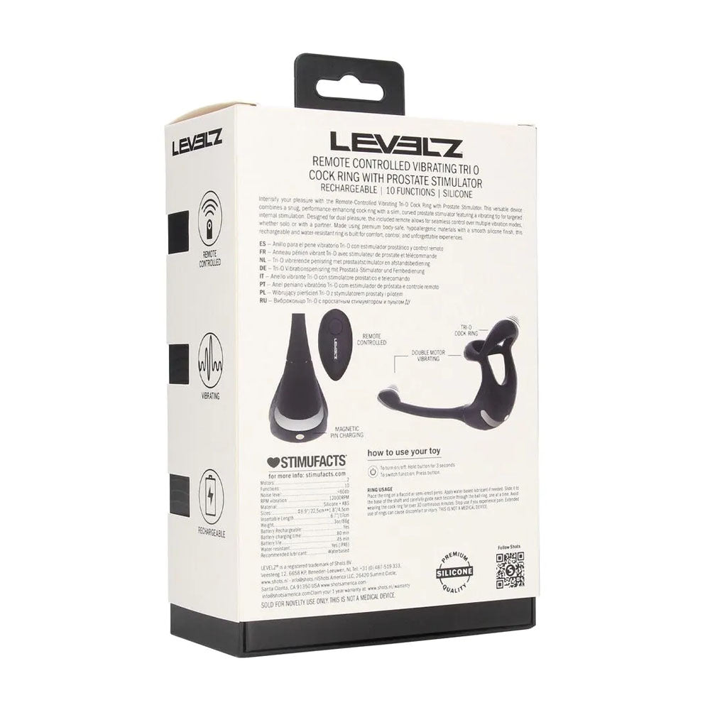 LEVELZ Remote Controlled Vibrating TriO Cock Ring with Prostate Stimulator - USB Rechargeable Vibrating Cock Ring with Anal Plug packaging.