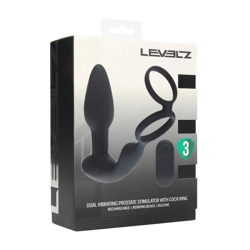 LEVELZ Dual Vibrating Prostate Stimulator with Cock Ring - USB Rechargeable Vibrating Butt Plug with Cock Ring packaging
