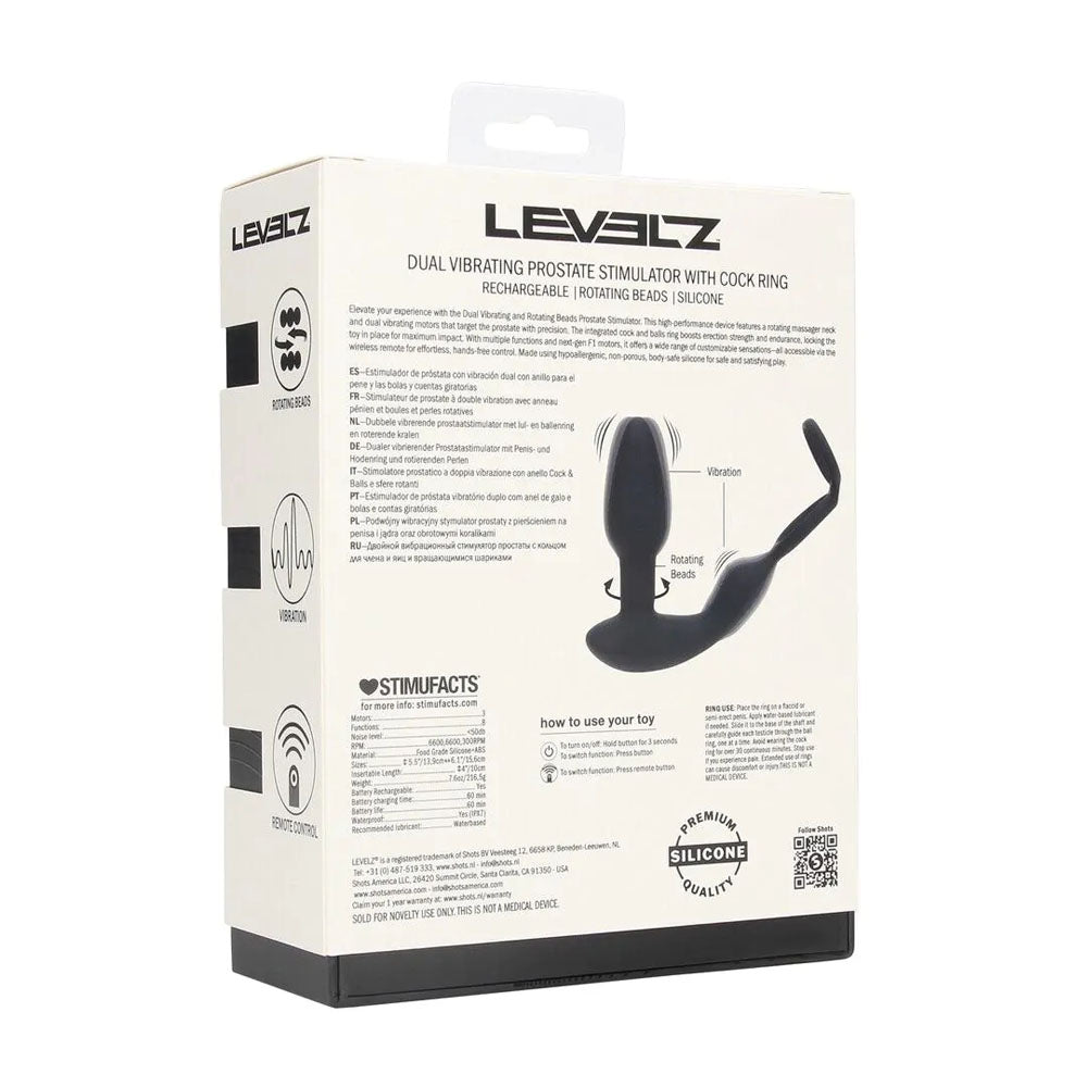 LEVELZ Dual Vibrating Prostate Stimulator with Cock Ring - USB Rechargeable Vibrating Butt Plug with Cock Ring packaging design.