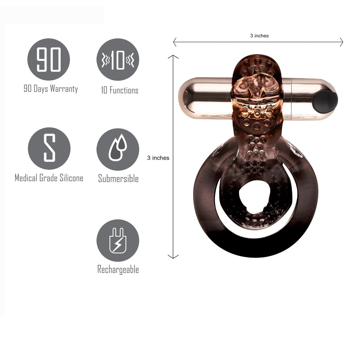 Maia Jayden -  USB Rechargeable Vibrating Cock & Ball Rings features 90 days warranty, 10 functions, submersible design.