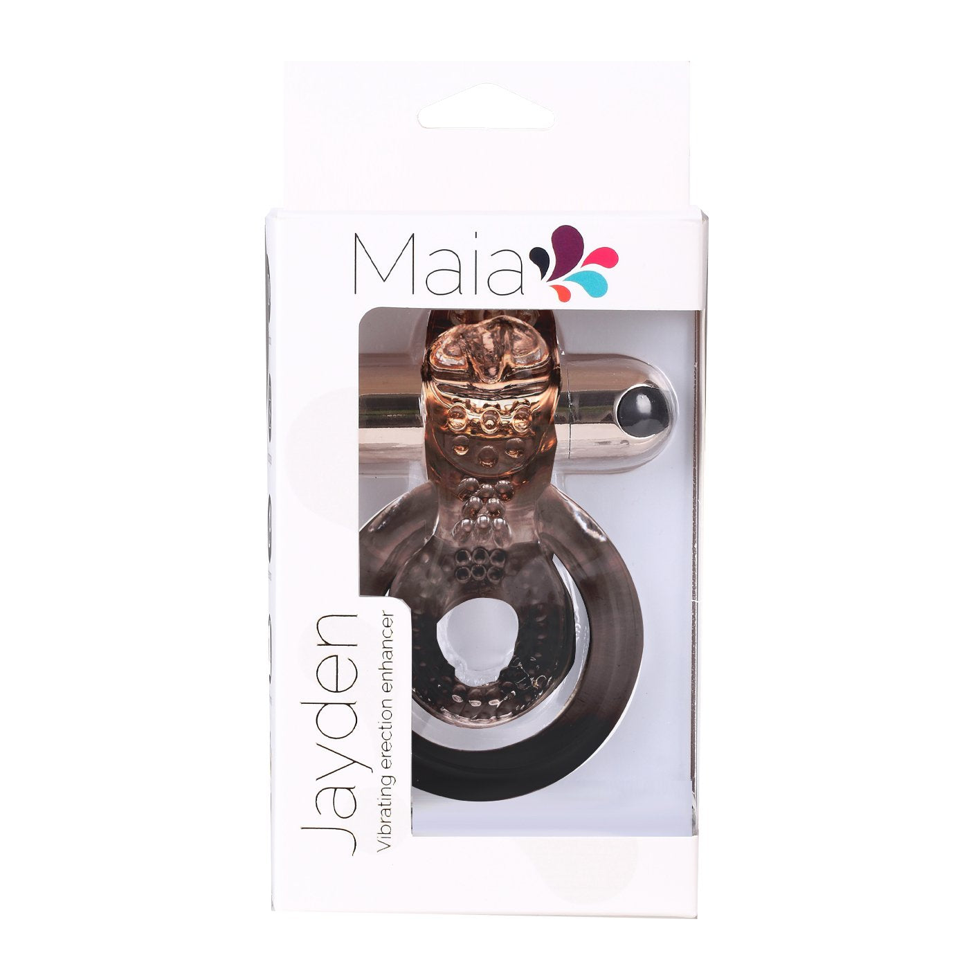 Maia Jayden - USB Rechargeable Vibrating Cock & Ball Rings packaging showcasing a vibrating erection enhancer.