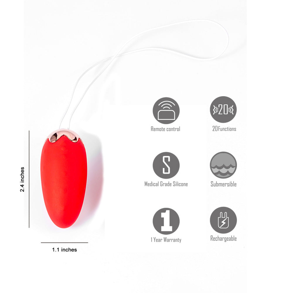Maia SHORTCAKE - USB Rechargeable Vibrating Egg with Wireless Remote features in red silicone, remote control, 20 functions, and rechargeable.