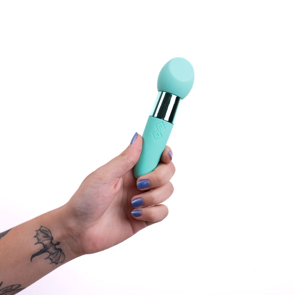 Maia RINA - Teal - Teal 13.3 cm USB Rechargeable Vibrator held in hand with soft grip design.