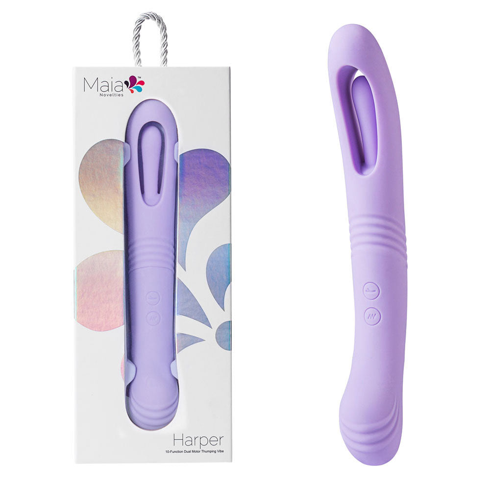 Maia HARPER - 24.1 cm USB Rechargeable Vibrator in purple packaging, showcasing its dual motor features.