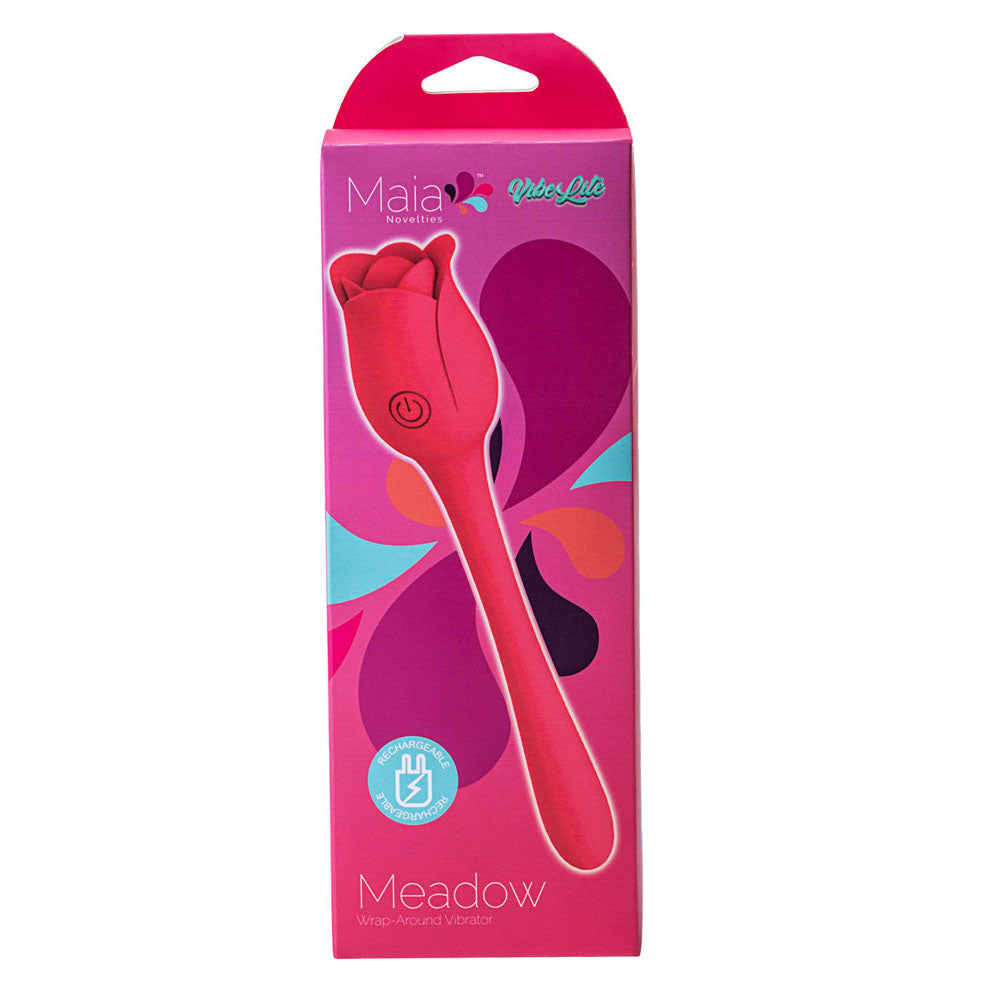 Maia MEADOW - 14 cm USB Rechargeable Flower Stimulator packaging featuring tulip design, vibrant colors and VibeLite branding.