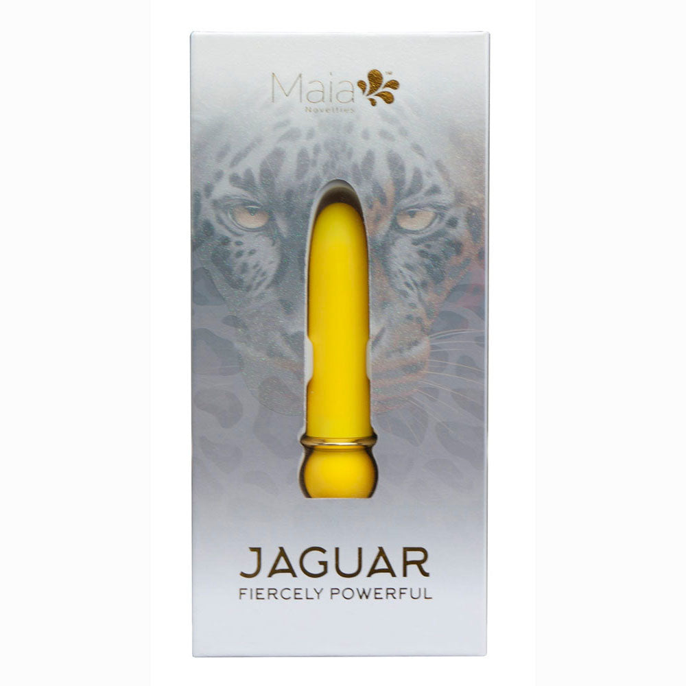 Maia JAGUAR -  -  10.1 cm USB Rechargeable Bullet in yellow packaging with leopard print design.