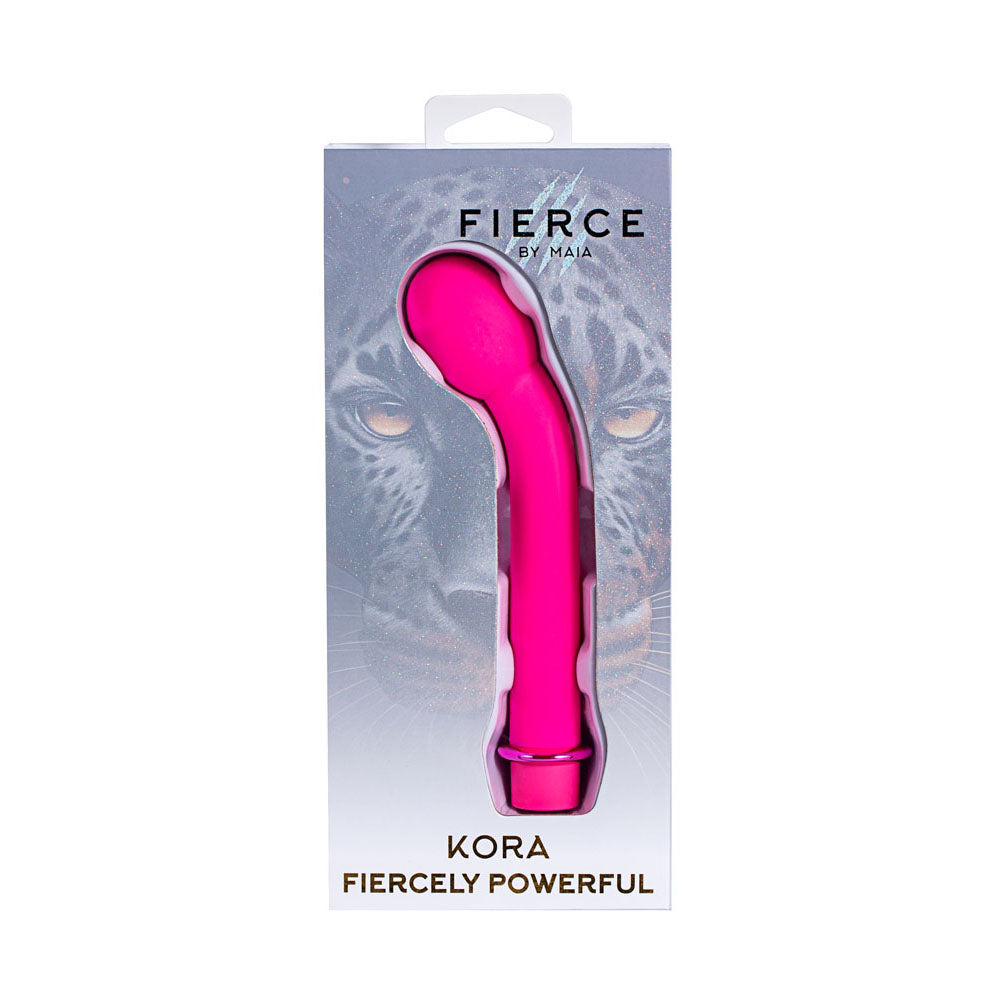 Maia KORA - 17.8 cm USB Rechargeable G-Spot Vibrator in pink packaging with fierce design.