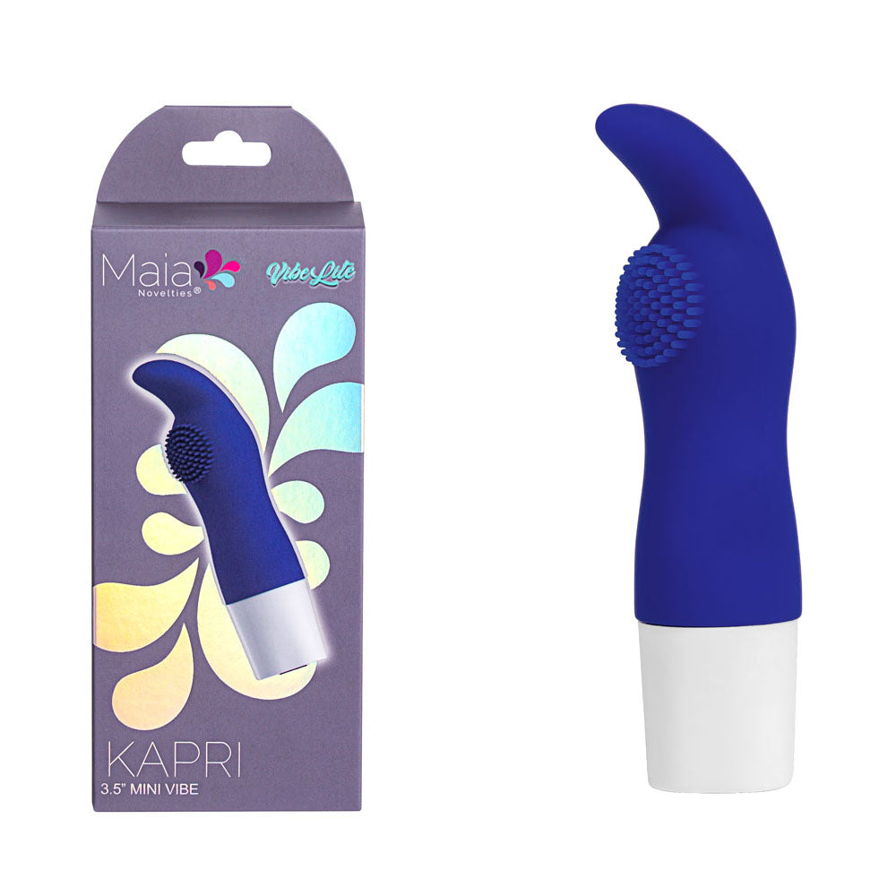 Maia KAPRI -  8.9 cm USB Rechargeable Bullet in blue with packaging, showcasing its sleek design and texture for intimate essentials.