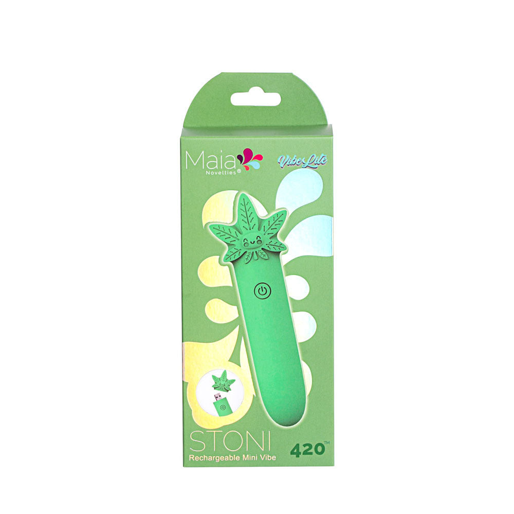 Maia STONI - 420  11.1 cm USB Rechargeable Bullet in green packaging, featuring a playful leaf design.