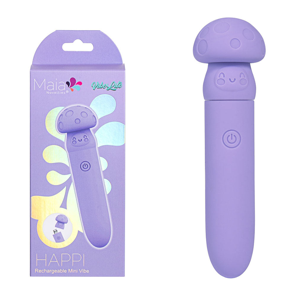 Maia HAPPI - 11.1 cm USB Rechargeable Bullet with purple silicone coating, splash proof design, and cheerful mushroom shape.