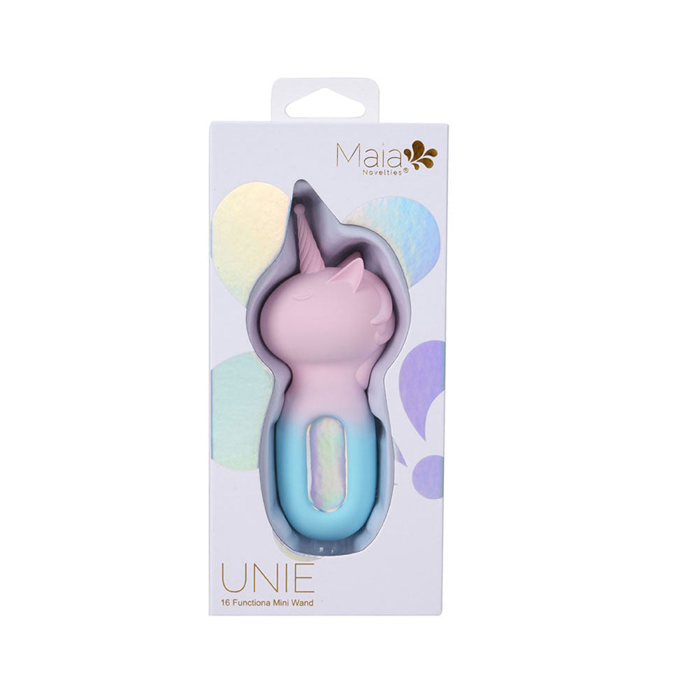 Maia UNIE - Pink/Blue USB Rechargeable Unicorn Wand in stylish packaging, showcasing its unique design and features.
