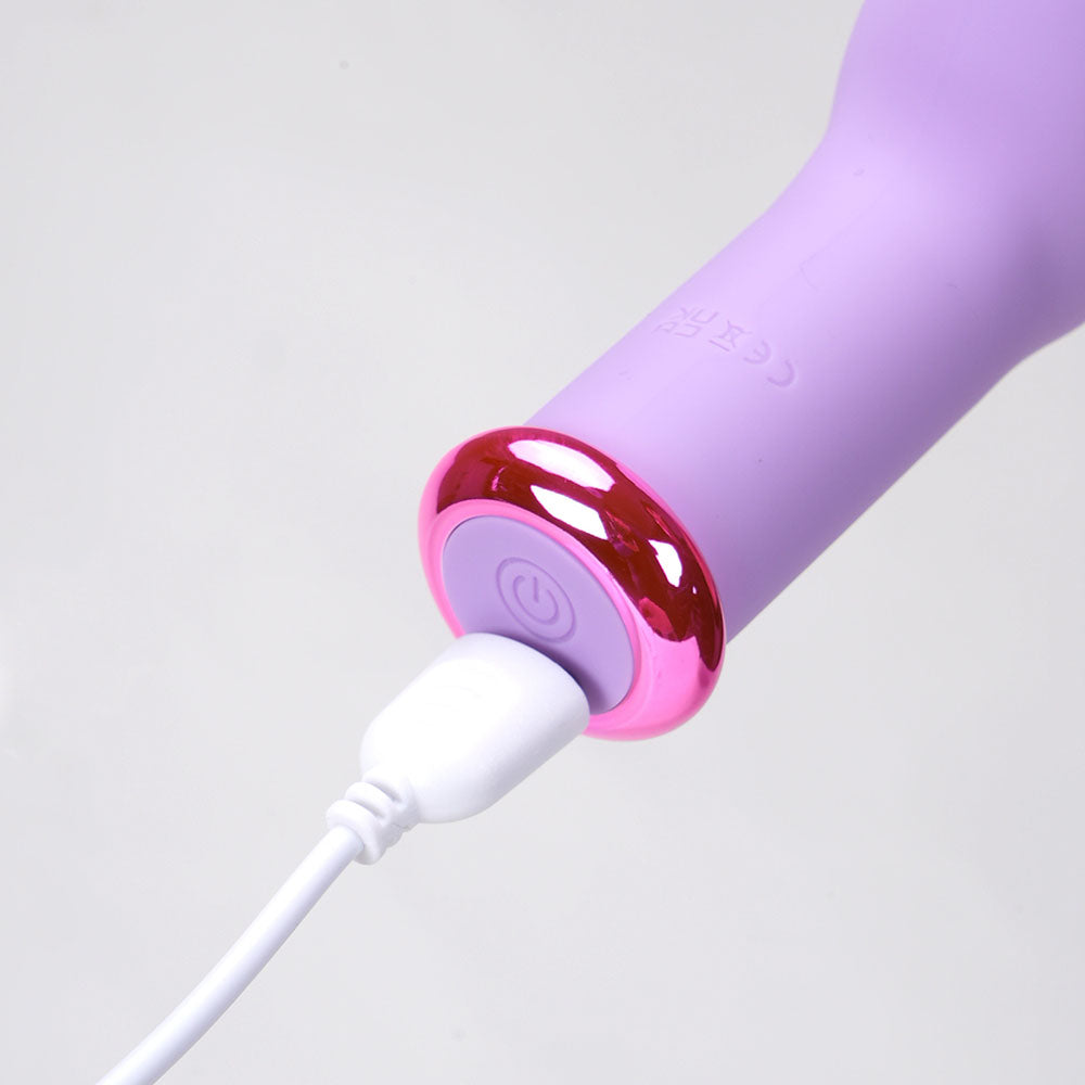 Maia MYLA - Lavender - Lavender 15.9 cm USB Rechargeable Butterfly Vibrator charging with pink and purple design.