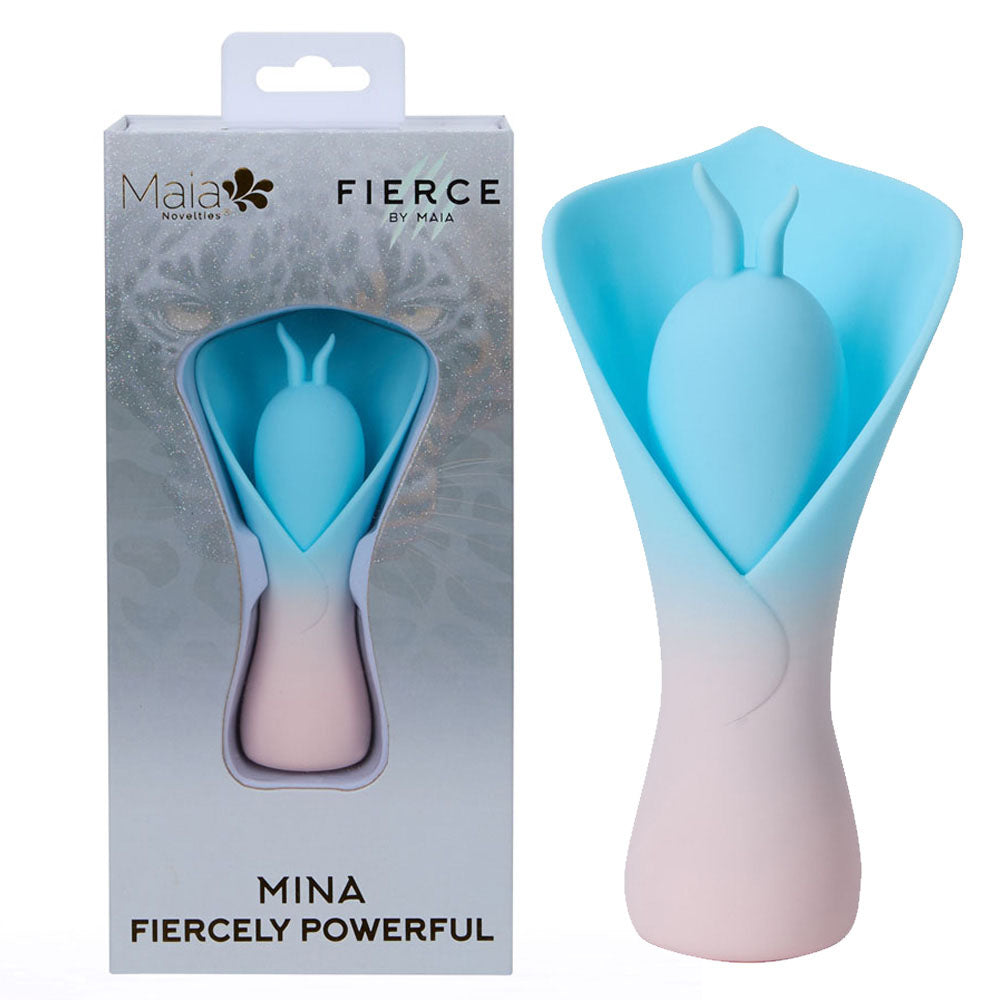 Maia MINA -  - /Pink USB Rechargeable Fluttering Flower Stimulator packaged and displayed.