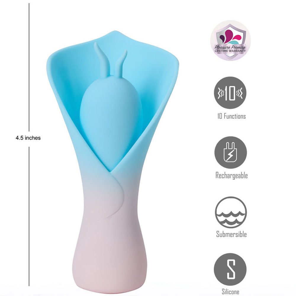 Maia MINA -  - /Pink USB Rechargeable Fluttering Flower Stimulator features soft petals, 10 functions, and is submersible.