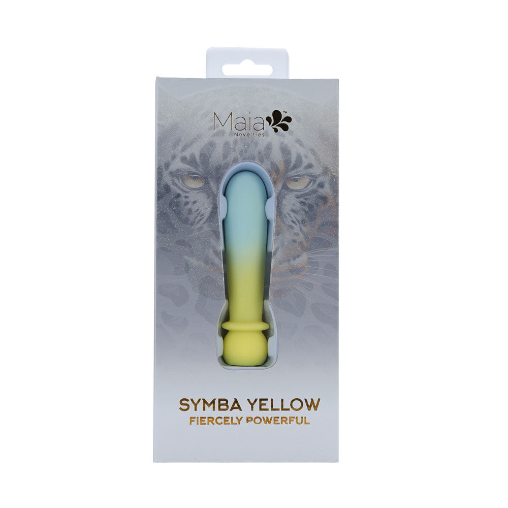 Maia SYMBA -  - 10.8 cm USB Rechargeable Powerful Bullet packaging in vibrant yellow and blue colors.