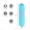 Maia Julia - Teal 7.6 cm USB Rechargeable Bullet showing features like 10 functions, medical grade silicone, and rechargeability.