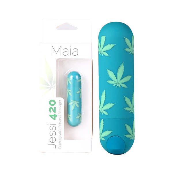 Maia Jessi 420 - Emerald 7.6 cm USB Rechargeable Bullet in packaging with hemp leaf print design.