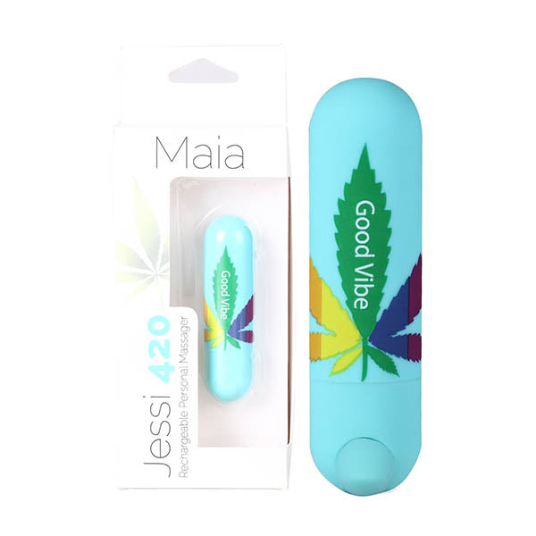 Maia Jessi 420 - Teal 7.6 cm USB Rechargeable Bullet with Hemp Leaf Print packaging