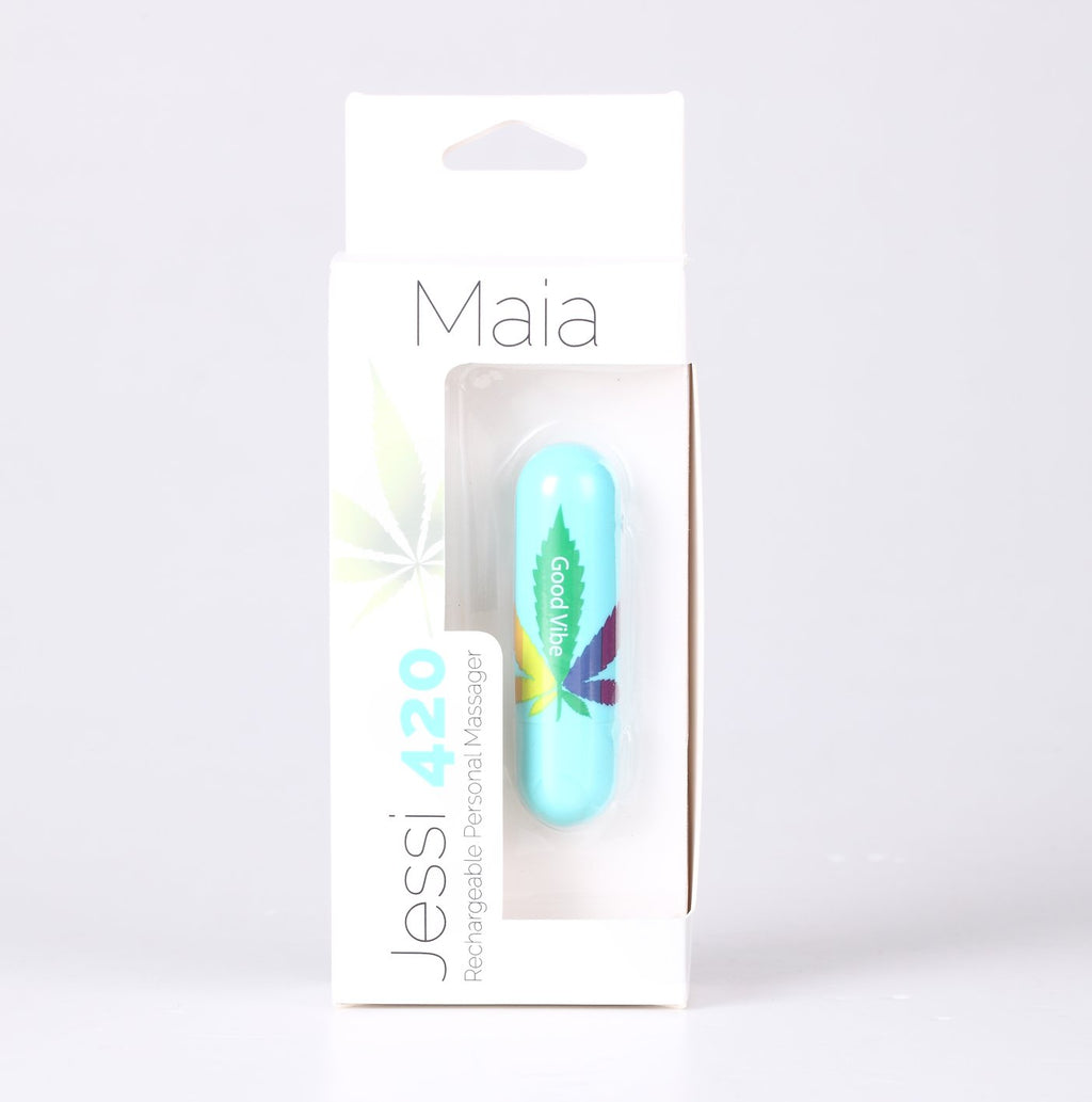 Maia Jessi 420 - Teal 7.6 cm USB Rechargeable Bullet in packaging with hemp leaf print
