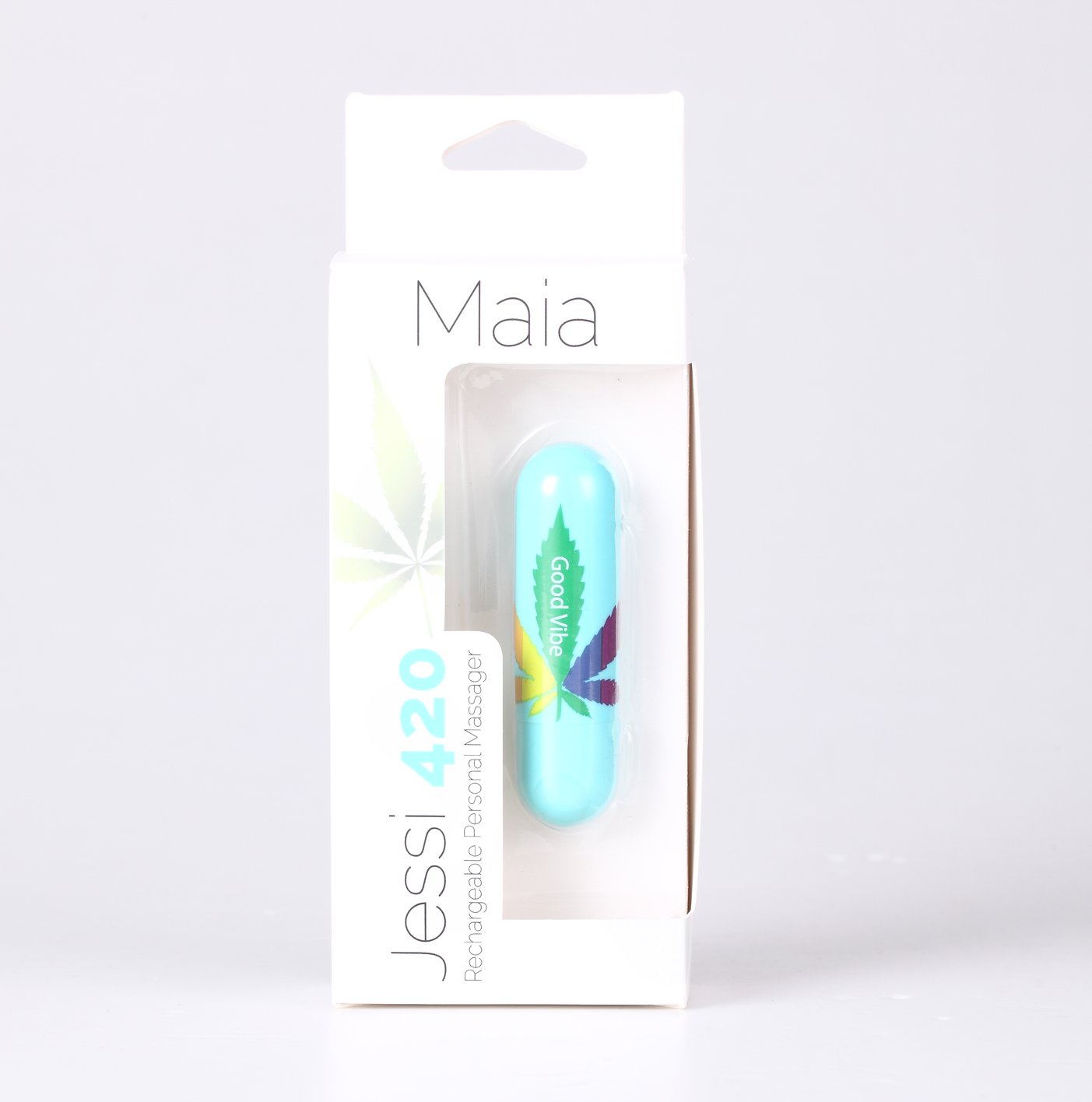 Maia Jessi 420 - Teal 7.6 cm USB Rechargeable Bullet in packaging with hemp leaf print