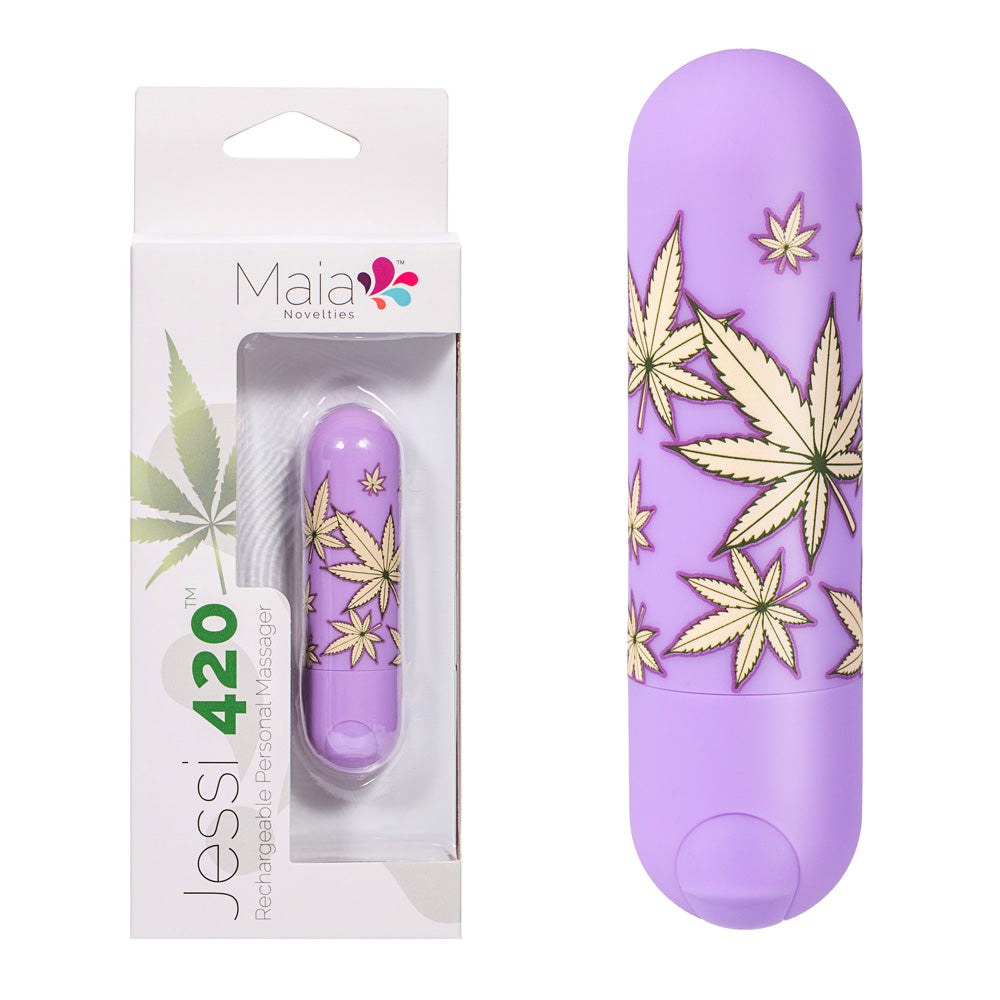 Maia Jessi 420 - Violet 7.6 cm USB Rechargeable Bullet with Hemp Leaf Print design.