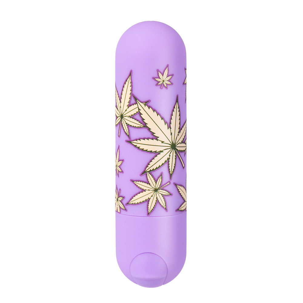 Maia Jessi 420 - Violet 7.6 cm USB Rechargeable Bullet with Hemp Leaf Print design.