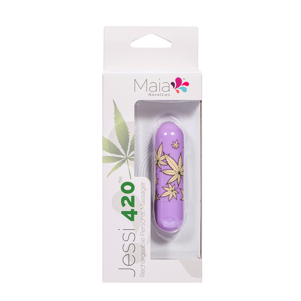 Maia Jessi 420 - Violet 7.6 cm USB Rechargeable Bullet in packaging with hemp leaf design.