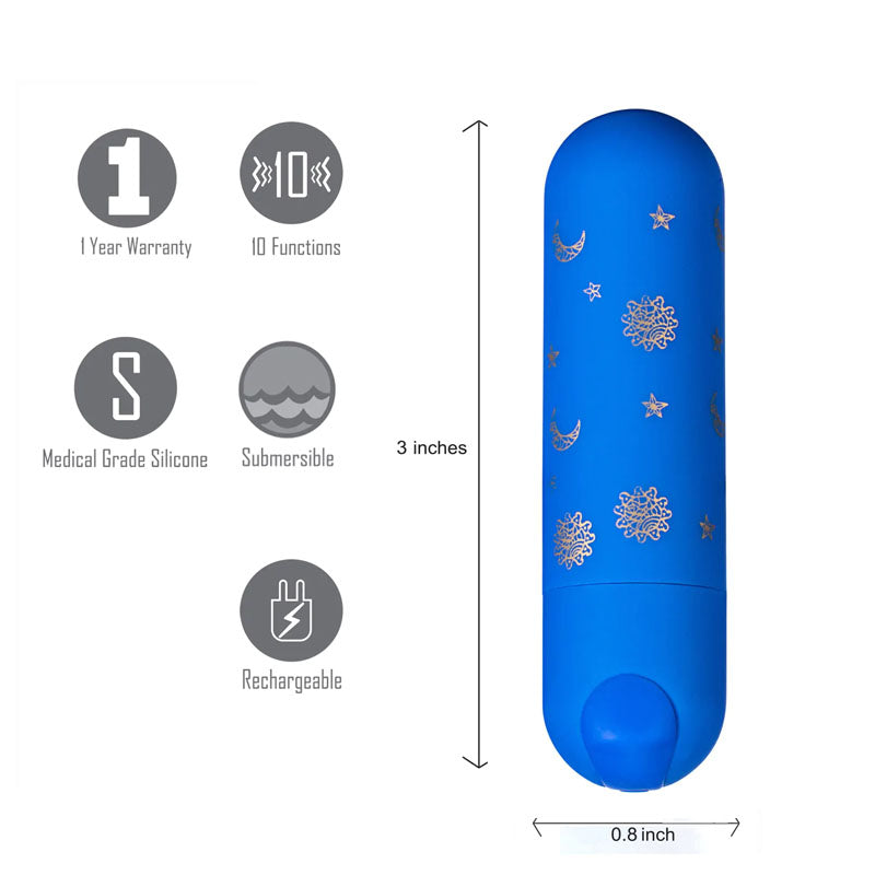 Maia Luna -  7.6 cm USB Rechargeable Bullet with 10 functions, medical grade silicone and 1 year warranty.