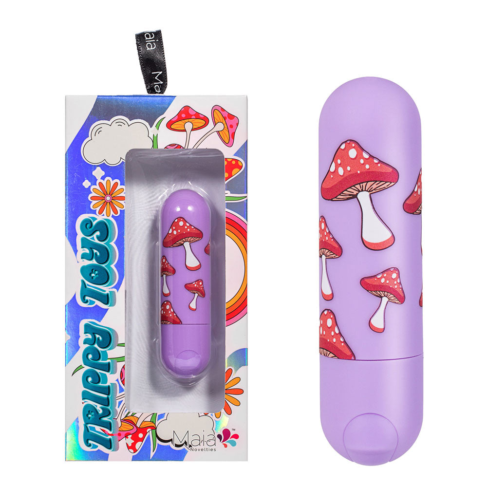 Maia JESSI Trippy - Lavender 7.6 cm USB Rechargeable Bullet in packaging with mushroom print design.