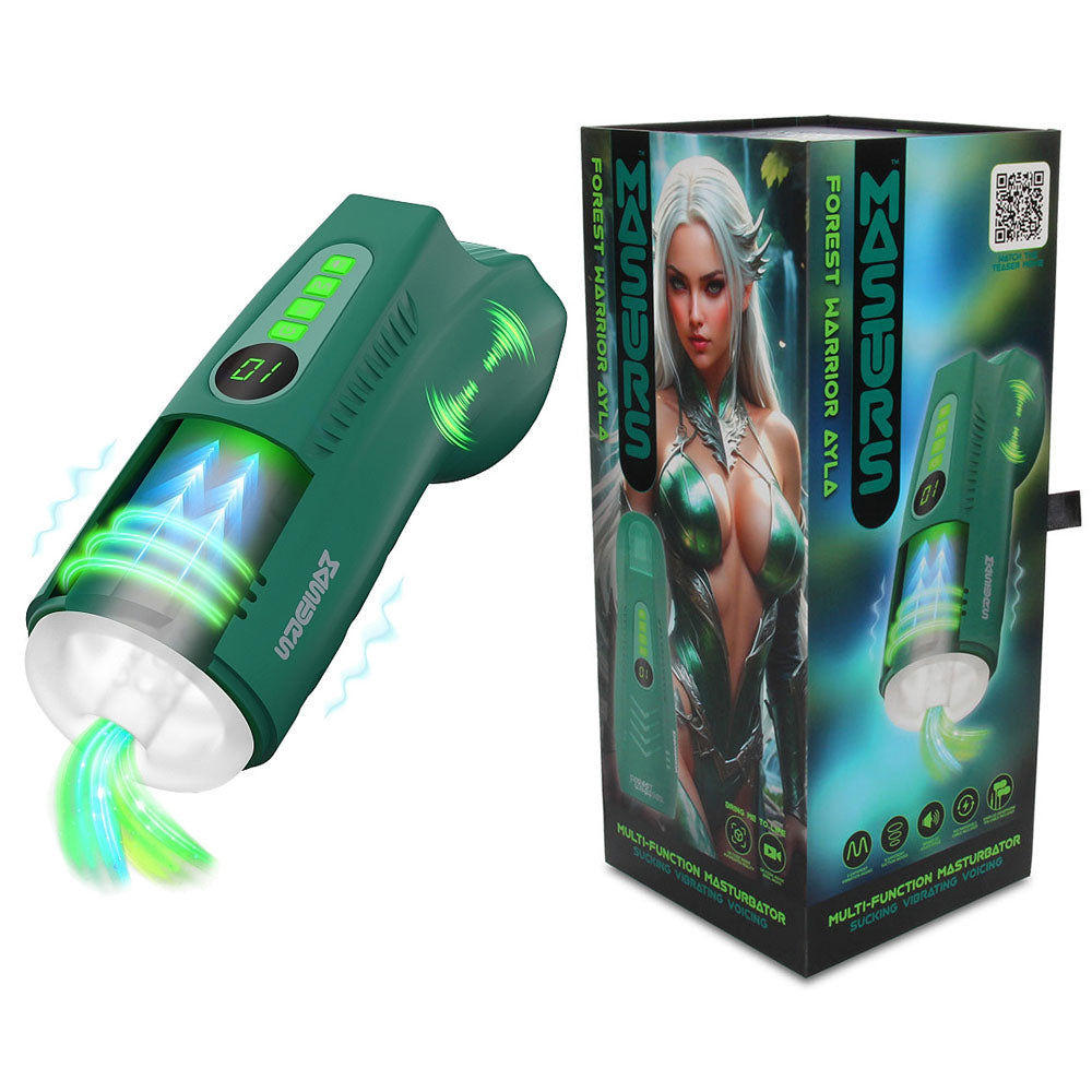 MASTURS Ayla - USB Rechargeable Sucking, Vibrating & Talking Auto Stroker with Augmented Reality and packaging.