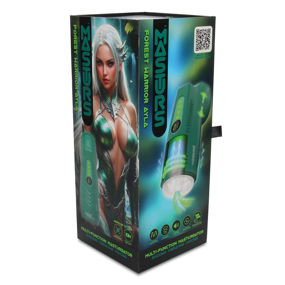 MASTURS Ayla - USB Rechargeable Sucking, Vibrating & Talking Auto Stroker with Augmented Reality packaging design