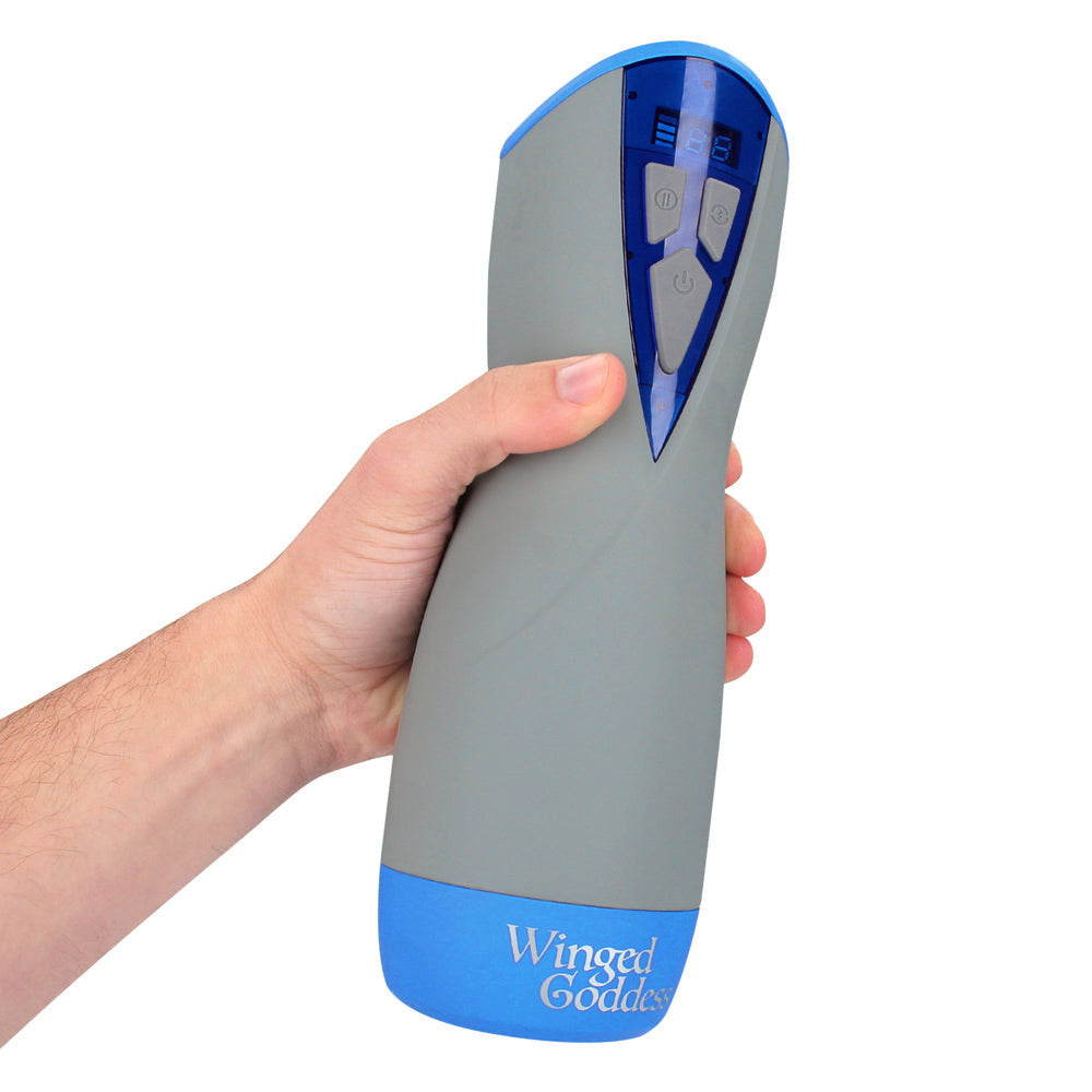 MASTURS Eloa - USB Rechargeable Sucking & Vibrating Auto Stroker with Augmented Reality held in hand.