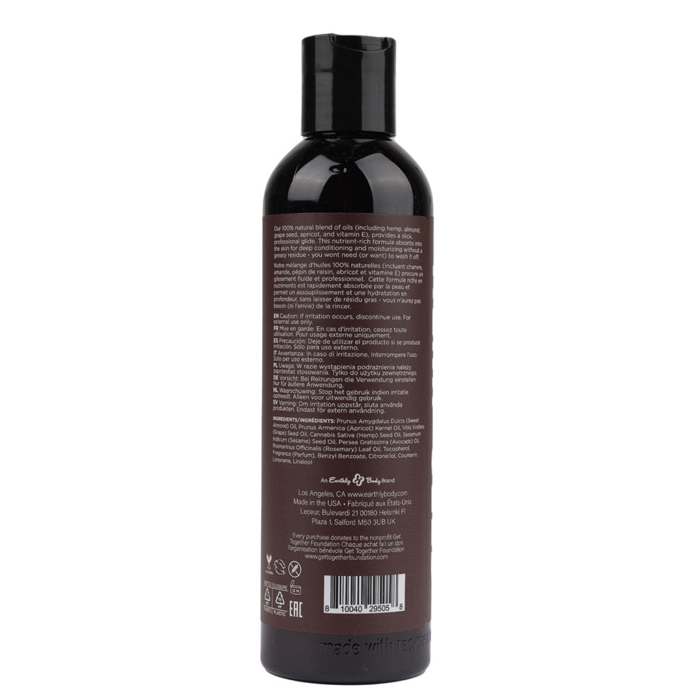 Hemp Seed Massage & Body Oil - Kashmir Musk (Brandy, Magnolia & Vanilla Musk) Scented - 237 ml bottle back label.