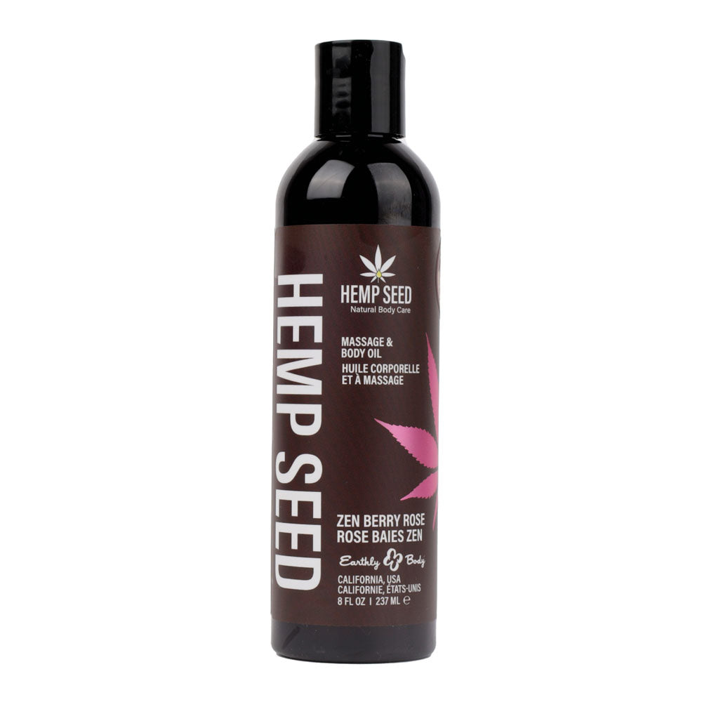 Hemp Seed Massage & Body Oil in Zen Berry Rose scent, 237 ml bottle, natural moisturizing formula for skin care.