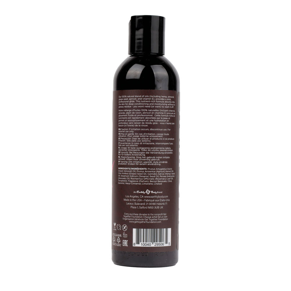 Hemp Seed Massage Oil - Zen Berry Rose, 237 ml bottle showcasing ingredients and usage instructions.
