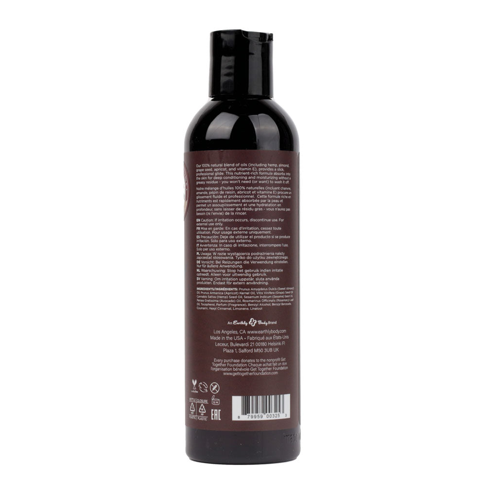 Hemp Seed Massage & Body Oil - Moroccan Nights (Earthy & Spicy-Sensual) Scented - 237 ml Bottle, back label with ingredients and usage instructions.