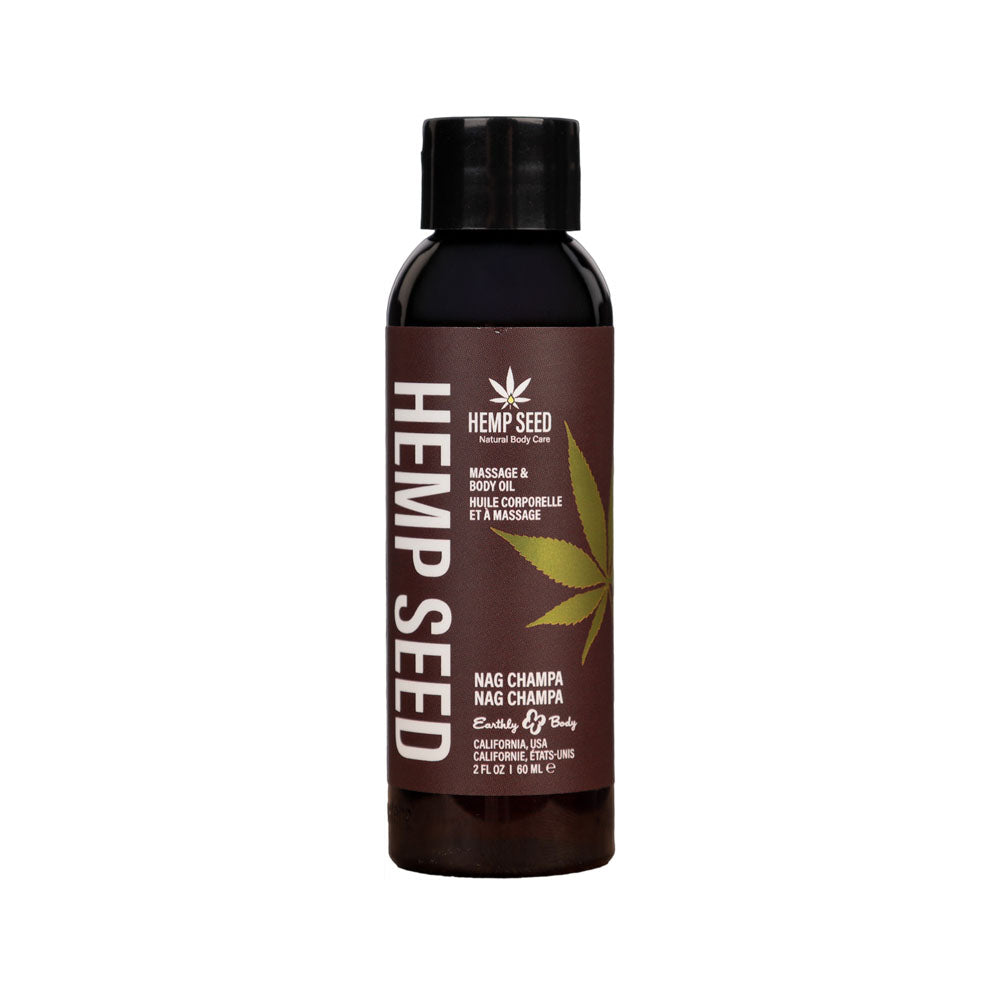 Hemp Seed Massage Oil Nag Champa scented oil in a 59ml bottle for skin conditioning and moisturising.