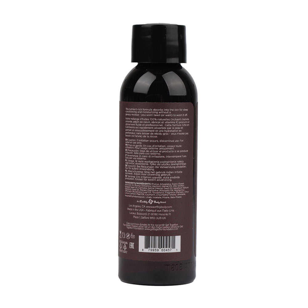 Hemp Seed Massage & Body Oil - Skinny Dip (Vanilla & Faiy Floss) Scented - 59 ml Bottle back view with ingredients.