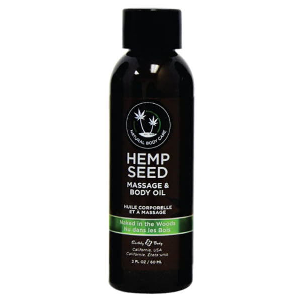 Hemp Seed Massage & Body Oil - Naked In The Woods ( Tea & Ginger) Scented - 59 ml Bottle in a sleek dark bottle.